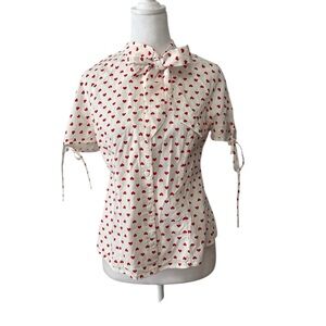 Unique Vintage Heart Polka Dot Tie Neck Top